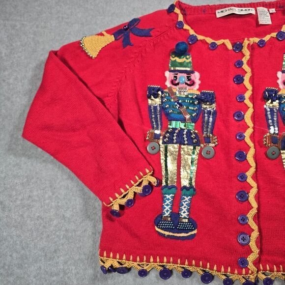 Vtg 1996 Michael Simon Christmas Sweater Size Medium Red Nutcracker Flawed - Picture 12 of 12